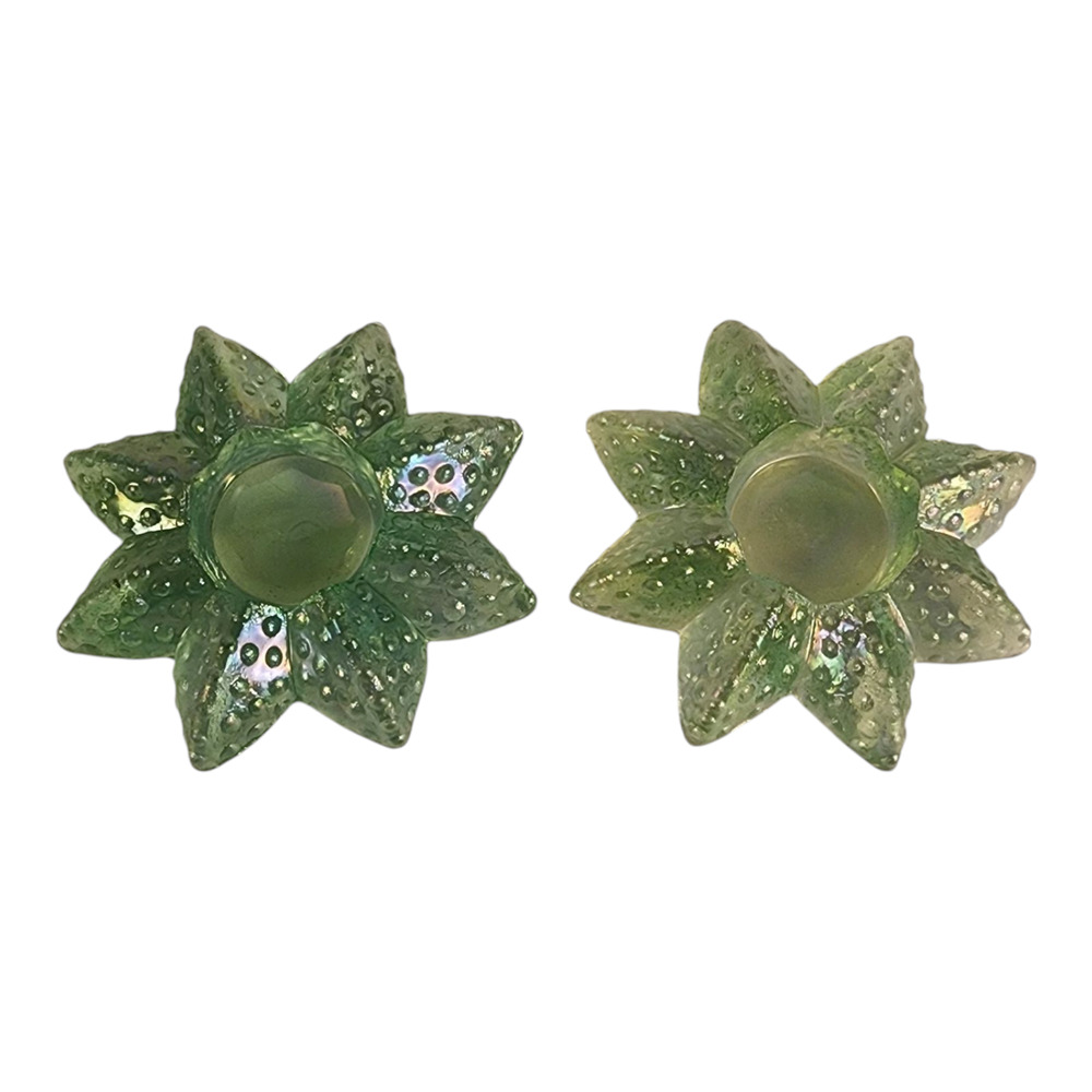 Iridescent Green Carnival Glass Tealight Stra Fish Candle Holder Set of 2